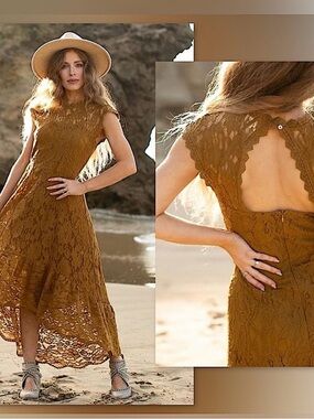 Esperanza High-Low Lace Dress In Bistre Gold